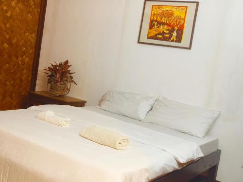 two white beds in a room with a picture on the wall at Lokal Hut Bed and Breakfast in Puerto Princesa City