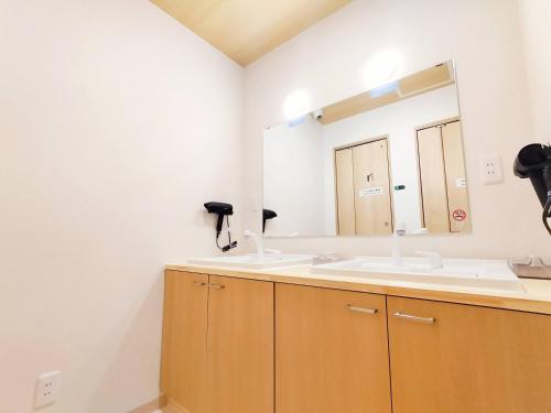 小樽市にあるSho inn MINIMAL HOTEL 小樽駅から無料送迎ありのバスルーム(洗面台2台、鏡付)
