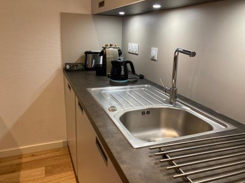 une cuisine avec un évier en acier inoxydable dans l'établissement La halle aux grains, à Toulouse