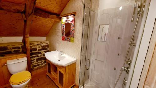 une salle de bain avec un lavabo, des toilettes et une douche dans l'établissement Les Gîtes du Kokopelli : Yellowstone., à Plumelec