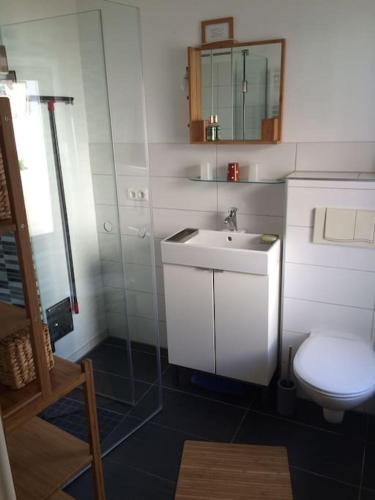 a bathroom with a white sink and a toilet at Ferienhaus Früh am See in Fürstenwerder