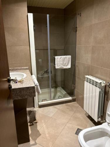 a bathroom with a shower and a toilet and a sink at Iris Flower Hotel in Jezzîne