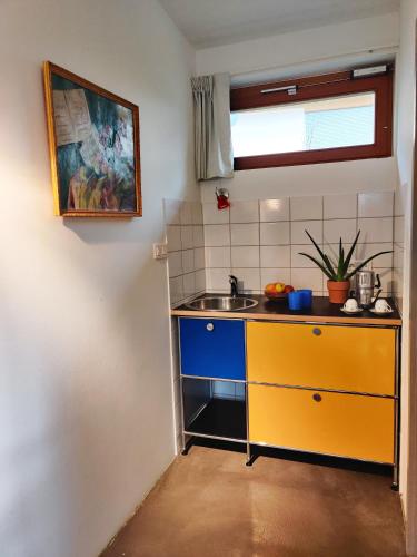 une petite cuisine avec un évier jaune et bleu dans l'établissement Petit nid en Alsace studio indépendant avec salle de douche privative, à Buschwiller