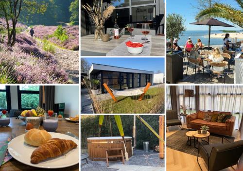 a collage of photos showing different types of furniture and food at Luxe 4- persoons Veluwelodge met hottub in Ermelo! in Ermelo