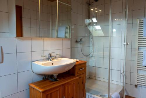 a bathroom with a sink and a shower at Grüner Baum in Külsheim