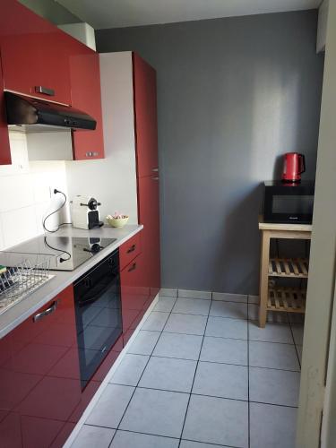 a kitchen with red cabinets and a stove top oven at L'appart d'Eugénie société selogerametz com in Metz