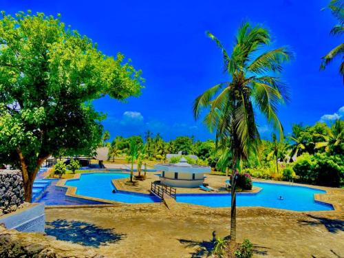 ein Resort mit 2 Pools mit Palmen und blauem Himmel in der Unterkunft Beachfront bliss villa in Diani Beach
