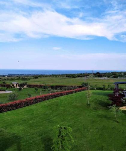 a large green field with a fence and flowers at Zeusplace Olympous Riviera Villa 1 in Litochoro