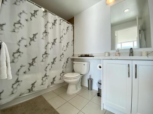 a bathroom with a toilet and a shower curtain at Luxury Homestay in Toronto