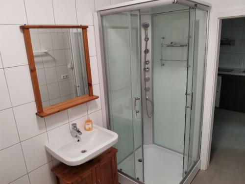 a bathroom with a glass shower and a sink at Ferienwohnungen Stiehl in Bacharach