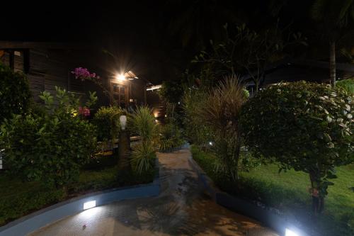 a garden at night with a pond and plants at Sal Riviera in Cavelossim