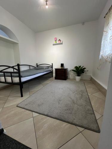 a bedroom with a bed and a rug at Apartament w Dworku pod Twierdzą in Kłodzko