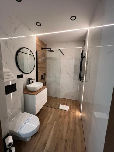 a bathroom with a toilet and a sink and a mirror at Holiday Apartments in Krynica Zdrój