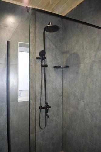 a shower with a glass door in a bathroom at Rauda home in Uralʼsk