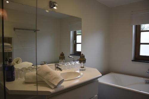 La salle de bains est pourvue d'un lavabo et d'un miroir. dans l'établissement La Colline aux Fées propriété privée, à Yvoir