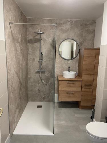 La salle de bains est pourvue d'une douche et d'un lavabo. dans l'établissement KER LOÏS Grand appartement Vue Mer tout confort, à Pléneuf-Val-André