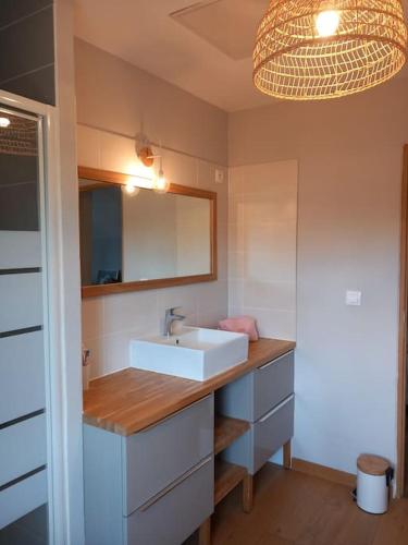 une salle de bain avec un lavabo blanc et un miroir dans l'établissement Maison de campagne la mer en horizon, à Tracy-sur-Mer