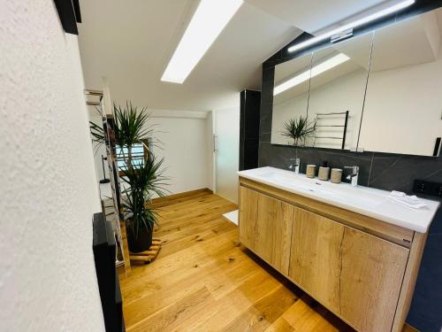 a bathroom with a sink and a mirror at Boutique-Pension Jägerwirt in Scheffau am Wilden Kaiser