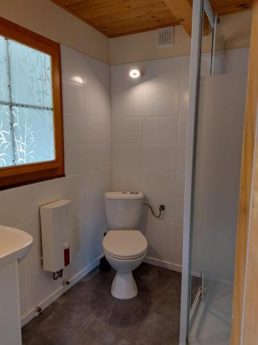 a small bathroom with a toilet and a window at Piastogród 2 in Jarosławiec