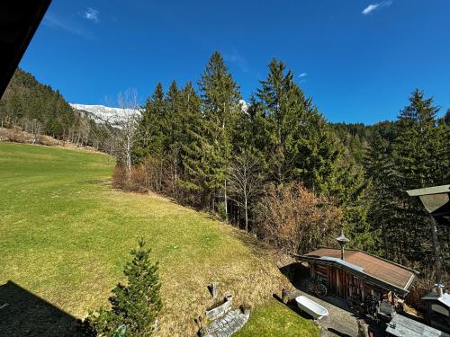 an overhead view of a house with a field and trees at Boutique-Pension Jägerwirt in Scheffau am Wilden Kaiser
