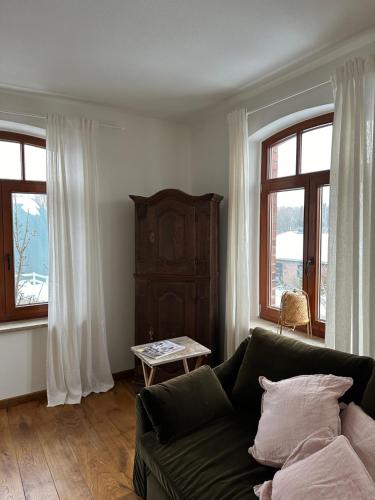 a living room with a couch and two windows at Kuschelige Ferienwohnung auf Reiterhof 