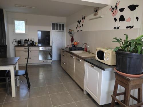 - une cuisine avec un comptoir et un four micro-ondes mural dans l'établissement A la campagne, à Montolieu
