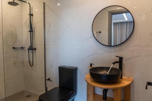 uma casa de banho com um lavatório e um espelho em Remvi apartments em Agios Nikolaos