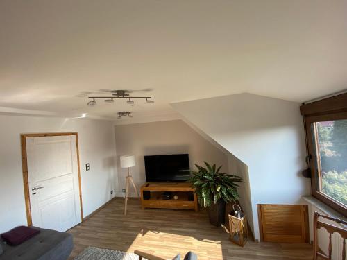 a living room with a tv and a couch at Unter dem Dach mit Parkplatz in Bremen