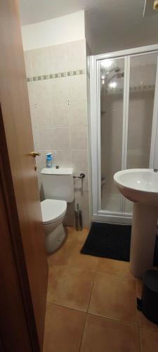 une salle de bain avec toilettes et lavabo dans l'établissement appartement bord de mer en Corse avec 2 piscines 100 metres de la plage, à Linguizzetta