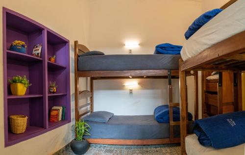2 Etagenbetten in einem Zimmer mit lila Regalen in der Unterkunft Casa Blanca Hostel in Tarija