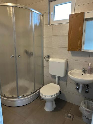 uma casa de banho com um chuveiro, um WC e um lavatório. em Apartments Modana em Medjugorje
