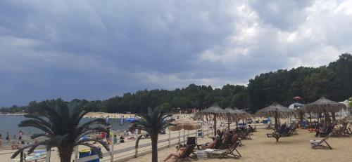 a beach with chairs and umbrellas and people on it at Apartament DANI in Nysa