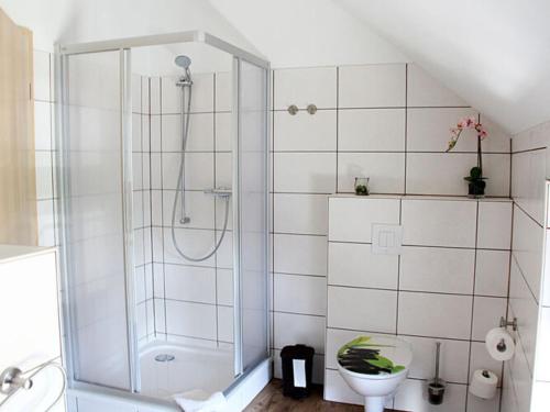 een witte badkamer met een douche en een toilet bij Holiday apartment Villa Sonja 