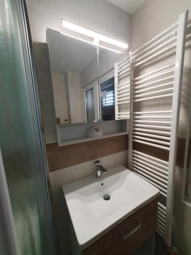 W łazience znajduje się umywalka i lustro. w obiekcie Pension TTT w Bledzie