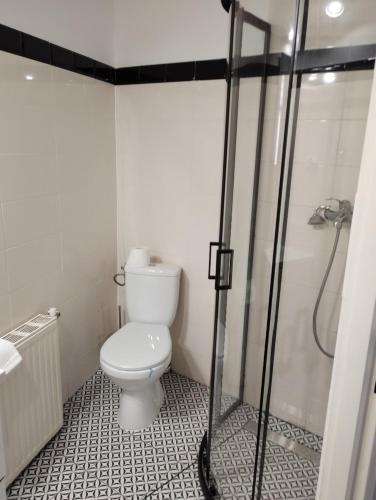 a small bathroom with a toilet and a shower at Apartament - Mieszkanie Samodzielne in Inowrocław
