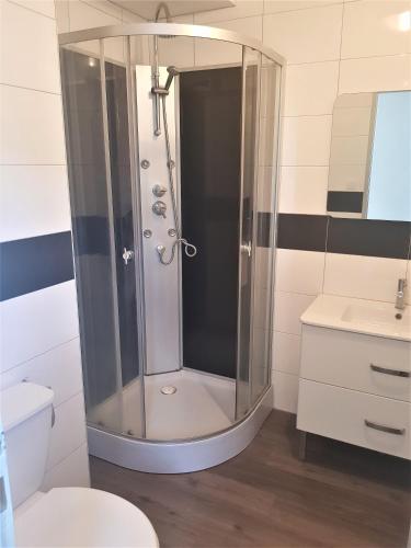 une douche dans une salle de bain avec toilettes et lavabo dans l'établissement La Donzelle, à Cahors