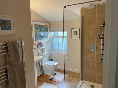 a bathroom with a toilet and a glass shower at The Old Coach House in Cheltenham