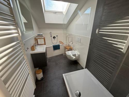 een badkamer met een douche, een wastafel en een toilet bij Moderne Ferienwohnung mit großem Balkon in Aschau im Chiemgau