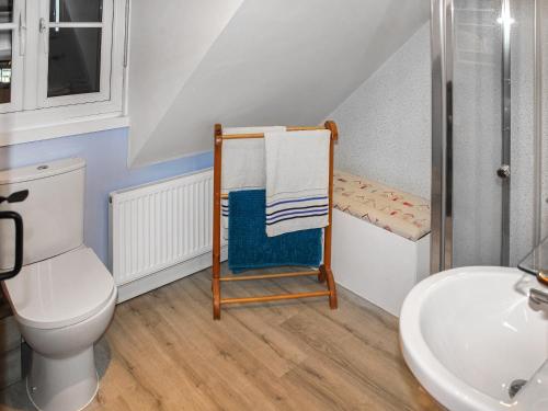 uma casa de banho com um WC, um lavatório e um chuveiro em Iris Apartment em Stalham