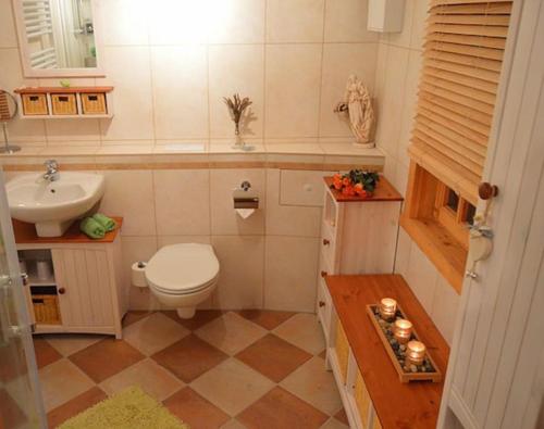 un piccolo bagno con servizi igienici e lavandino di Ferienhaus für 4 Pers mit Kamin, Sauna, Balkon a Sonneberg