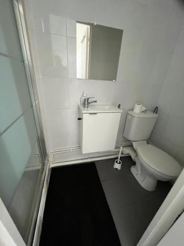 une salle de bain blanche avec des toilettes et un lavabo dans l'établissement Grand Paris cocooning à 5 minutes de la gare, à Les Pavillons-sous-Bois