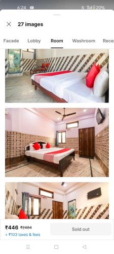 two pictures of a hotel room with a bed and avertisement at Aashra inn in Lucknow