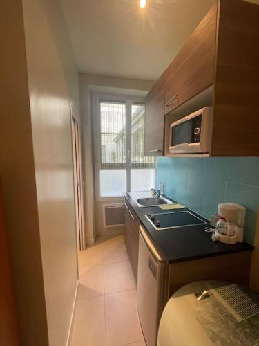 une petite cuisine avec un évier et un micro-ondes dans l'établissement studio 75012, à Paris