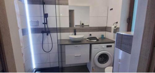 a bathroom with a sink and a washing machine at Oaza Soblówka in Ujsoły