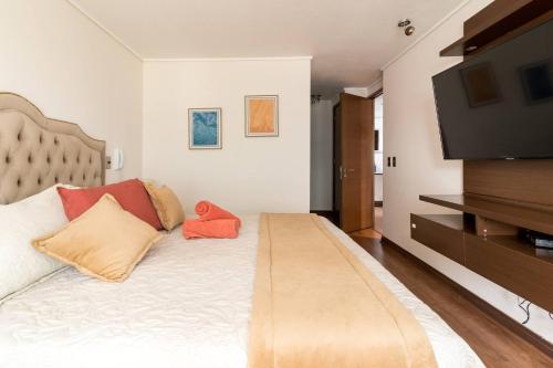 a bedroom with a large bed with a flat screen tv at Exclusive Apartment In San Damian, Vitacura in Santiago