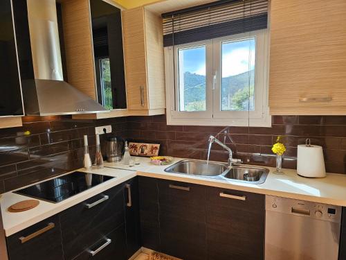 uma cozinha com um lavatório e duas janelas em Zoe's home - stunning view em Áyios Konstandínos