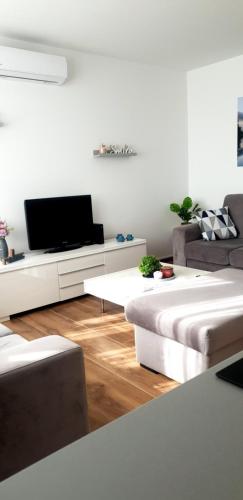 a living room with a flat screen tv and a couch at Apartman Klara in Osijek