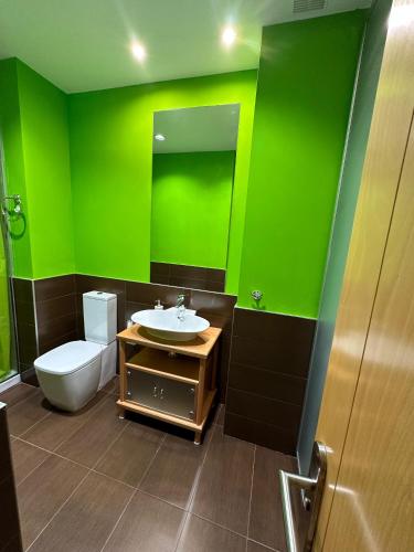 a green bathroom with a toilet and a sink at Estudio Céntrico B4 in Oviedo