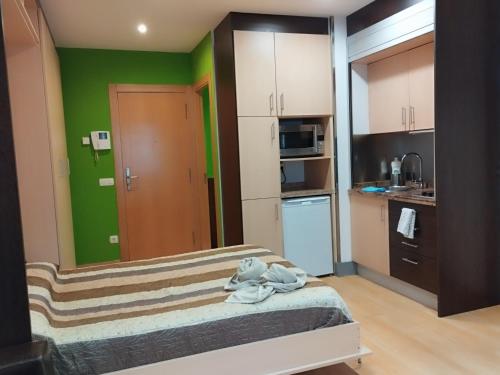 a small kitchen with green walls and a bed in a room at Estudio Céntrico B4 in Oviedo