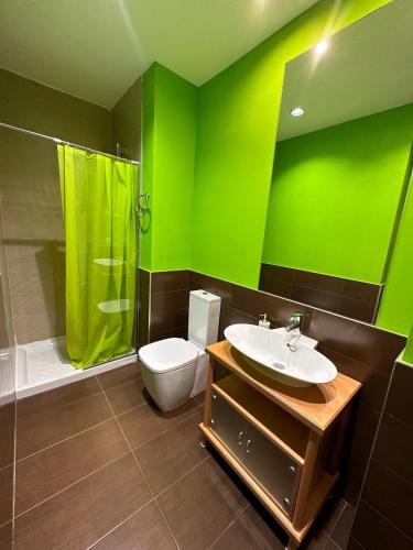 a green bathroom with a toilet and a shower at Estudio Céntrico B4 in Oviedo